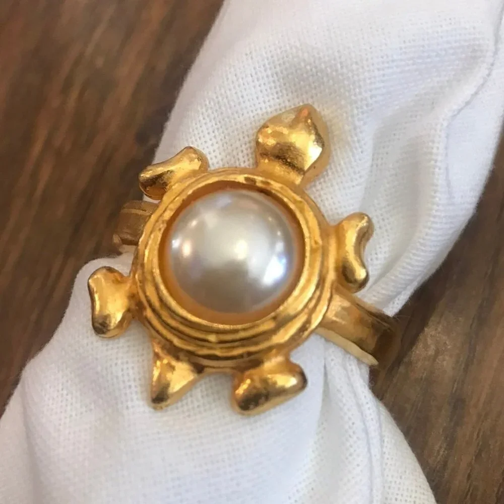 Vintage Edouard Rambaud gold and pearl turtle napkin rings